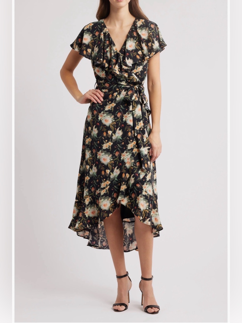 Chelsea28 Floral High Low Wrap Dress S Ruffle Flutter Sleeve Chiffon Boho